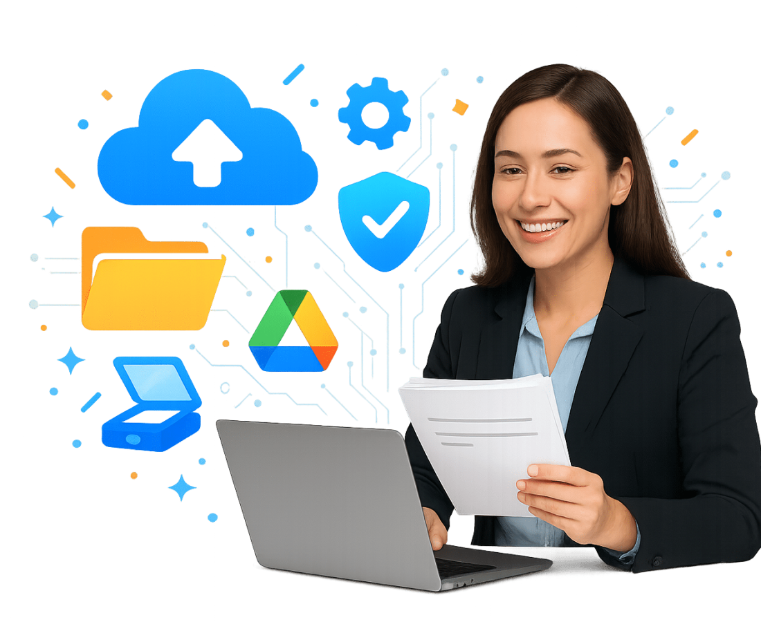Sydney AI filing chatbot collecting documents and storing them into organised drive folders.